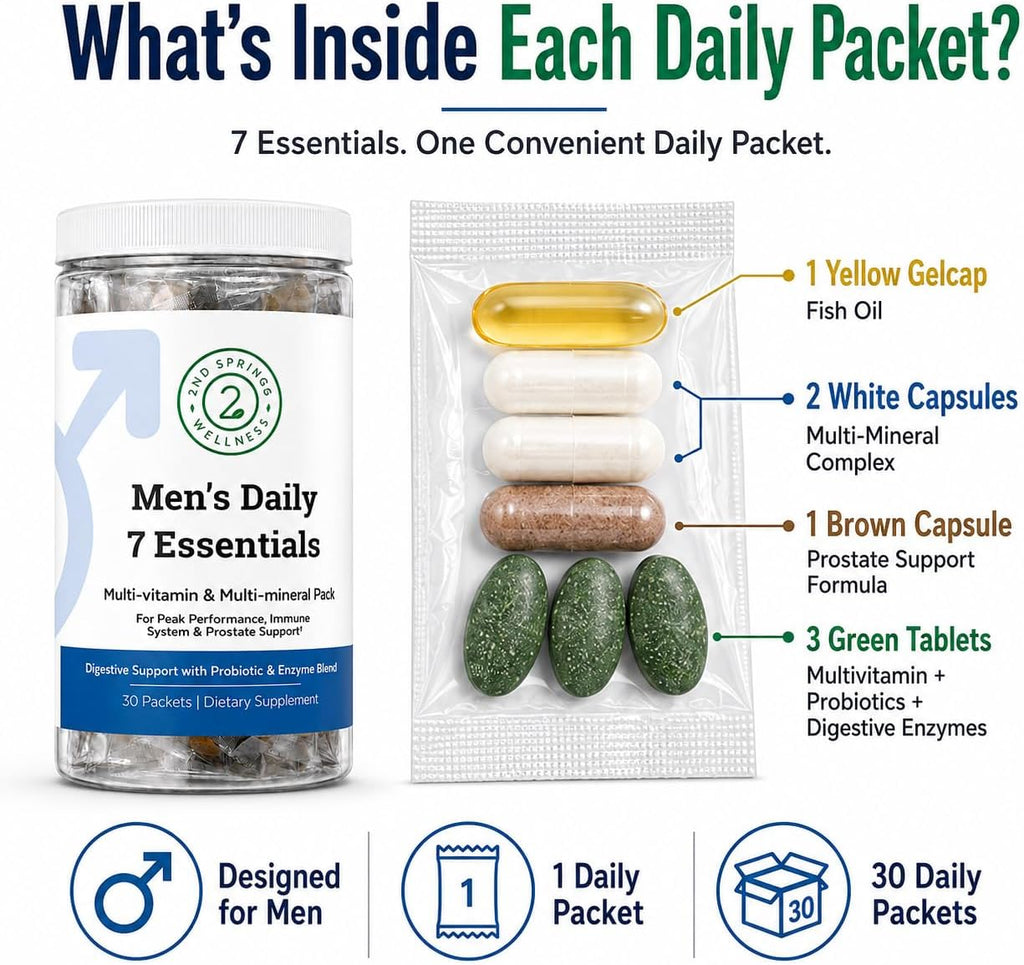 Daily 7 Essentials Men's Vitamin Pack - 30 Sobres | Multivitamínico para Hombres