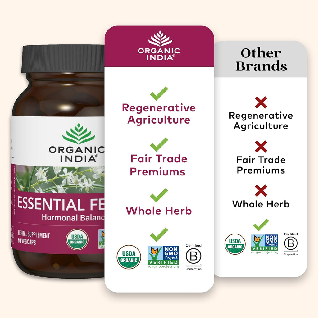ORGANIC INDIA Essential Female - Suplemento Herbal Femenino, Equilibrio Hormonal, 90 Cápsulas