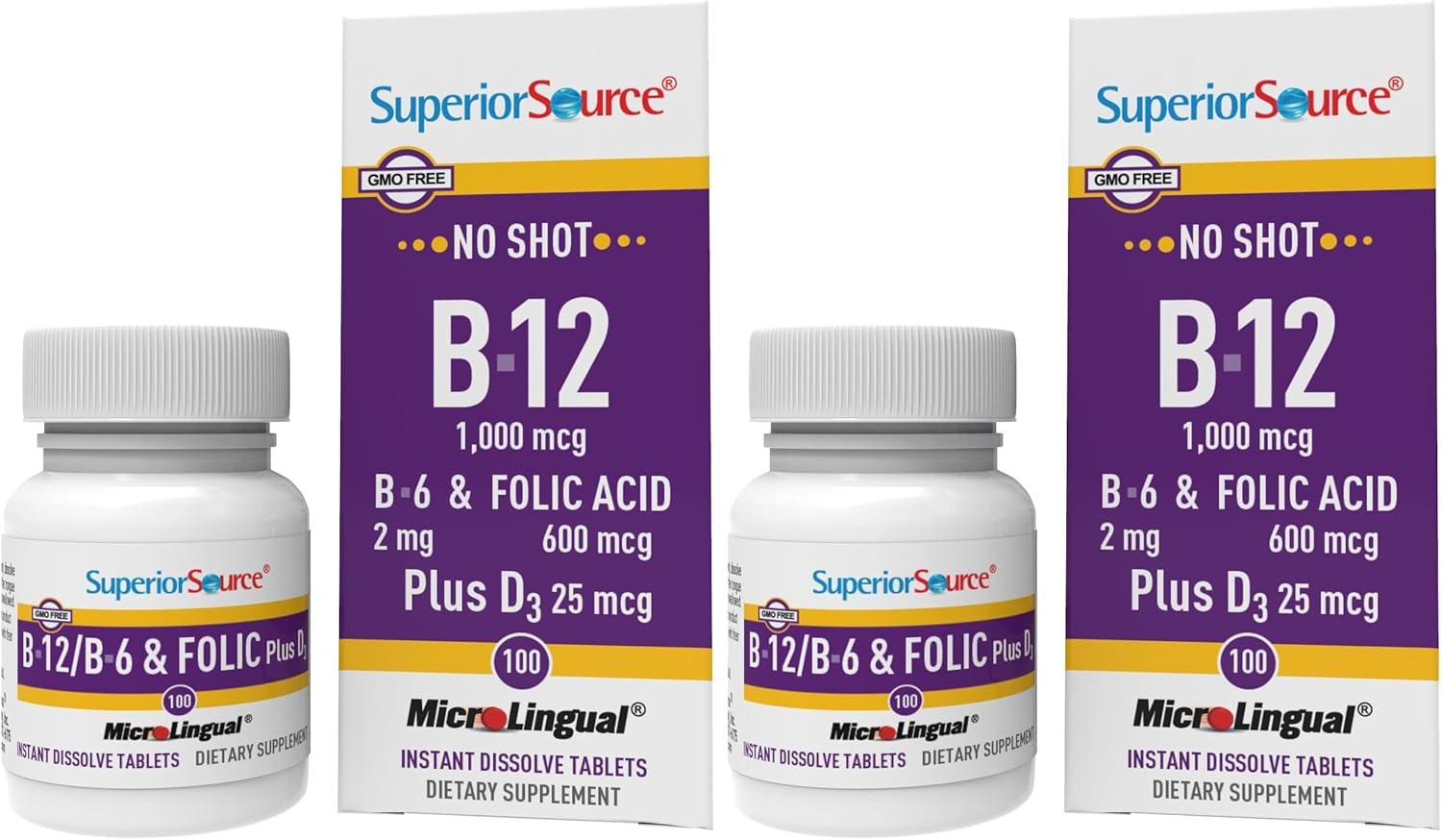 Superior Source No Shot Vitamina B12 Cianocobalamina 1000 mcg con B6, Ácido Fólico y Vitamina D3 1000 UI - 100 Comprimidos Sublinguales