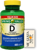 Spring Valley Vitamina D Suplemento Softgels, 50 mcg (2000 UI), 400 Cápsulas