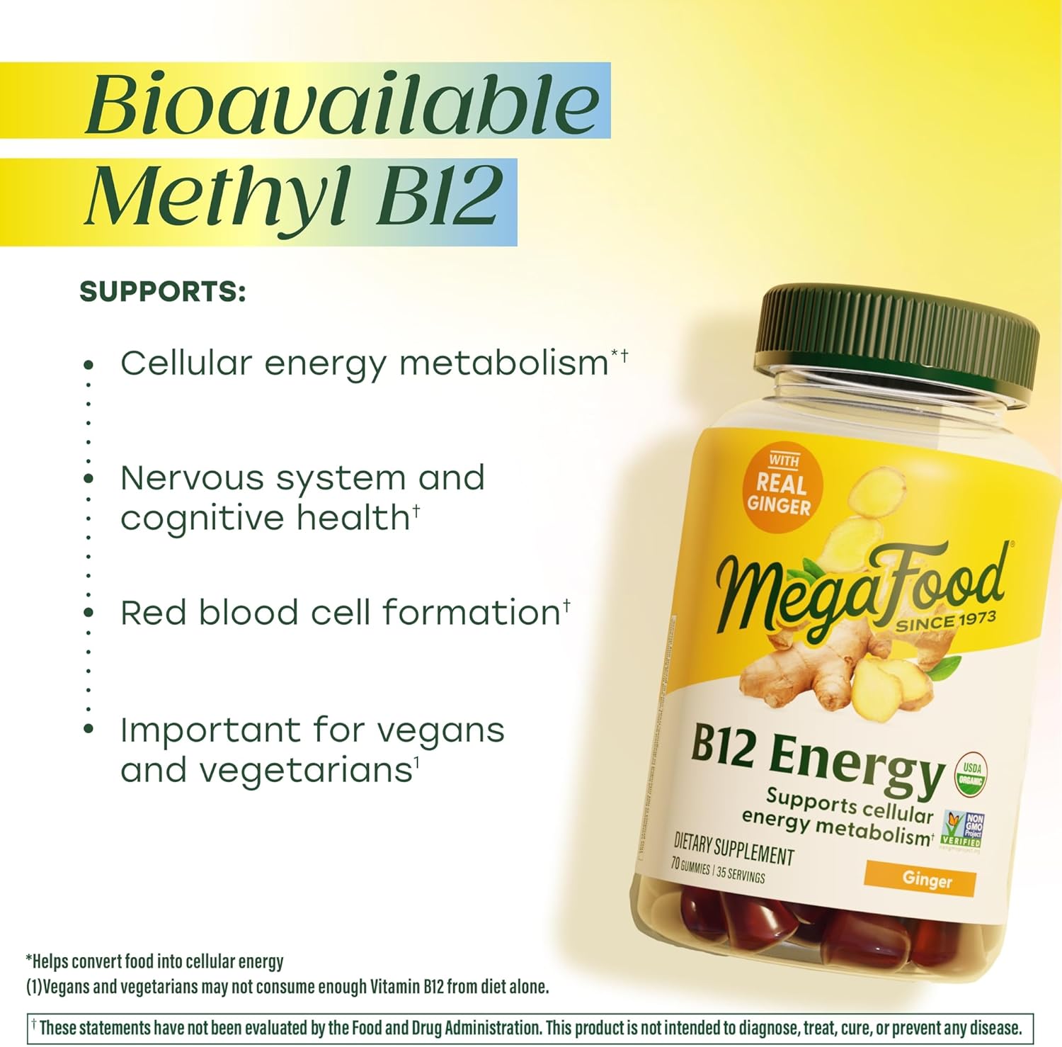 MegaFood Vitamina B12 Energy Gummies - Vegano - Con Metil B12 - Jengibre - 70 Gominolas