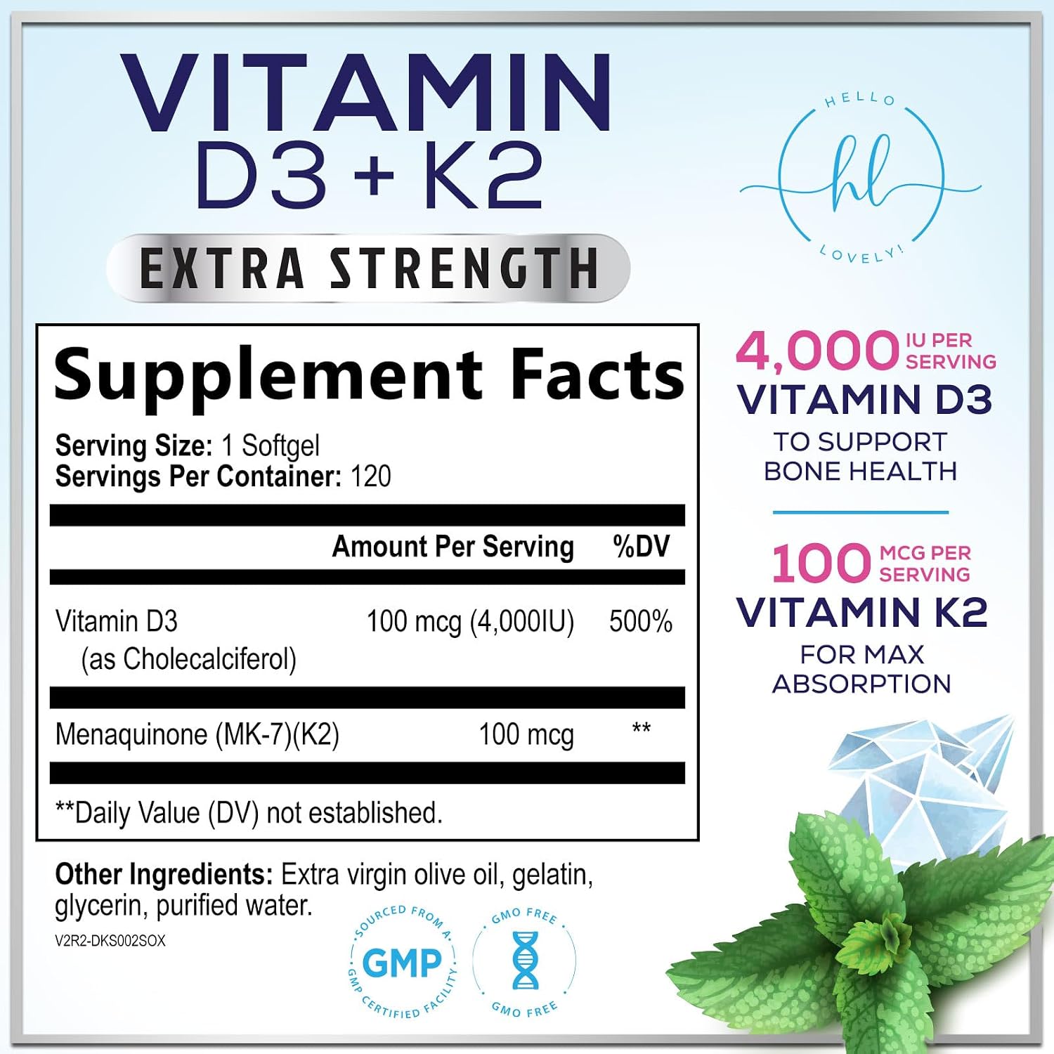 Hello Lovely! Vitamina D3 con K2 (MK-7) - 4000 IU (100 mcg) por porción - 120 Cápsulas Blandas