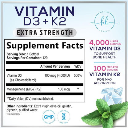 Hello Lovely! Vitamina D3 con K2 (MK-7) - 4000 IU (100 mcg) por porción - 120 Cápsulas Blandas – Image 2