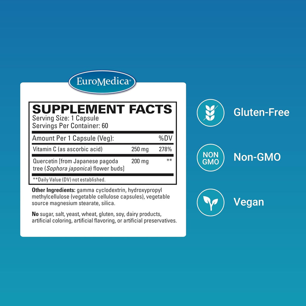 EuroMedica Quercetin Plus Vitamin C – Apoyo a la Respuesta Saludable de Histamina y Salud Respiratoria – Suplemento para la Función Inmunológica y Salud Celular – 60 Cápsulas