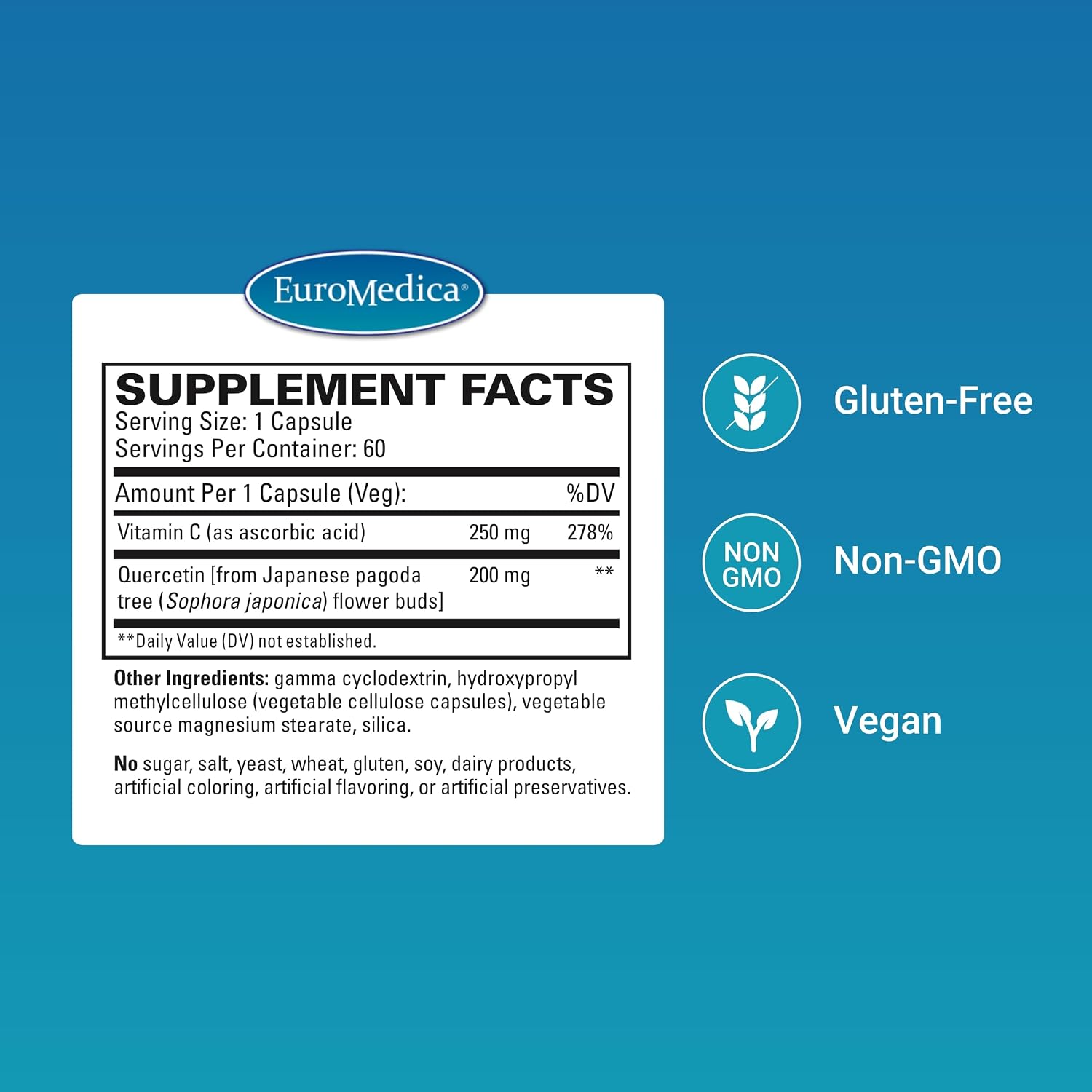 EuroMedica Quercetin Plus Vitamin C – Apoyo a la Respuesta Saludable de Histamina y Salud Respiratoria – Suplemento para la Función Inmunológica y Salud Celular – 60 Cápsulas