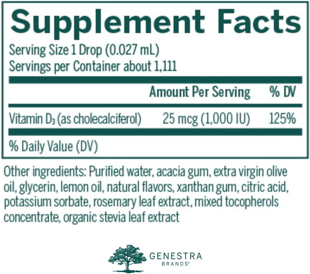 Genestra Brands D-Mulsion 1000 - Suplemento de Vitamina D3 Líquida - 1000 UI por gota - Sabor Natural a Limón - 30 ml