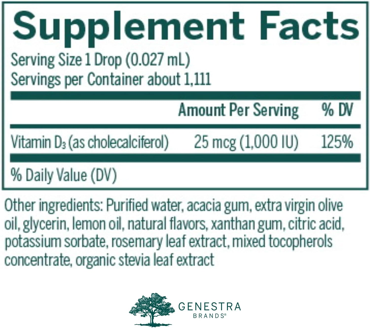 Genestra Brands D-Mulsion 1000 - Suplemento de Vitamina D3 Líquida - 1000 UI por gota - Sabor Natural a Limón - 30 ml