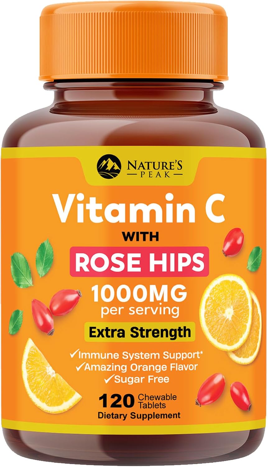Nature's Peak Vitamina C 1000 mg con Rosa Mosqueta - 120 Comprimidos Masticables Sabor Naranja - Sin Azúcar
