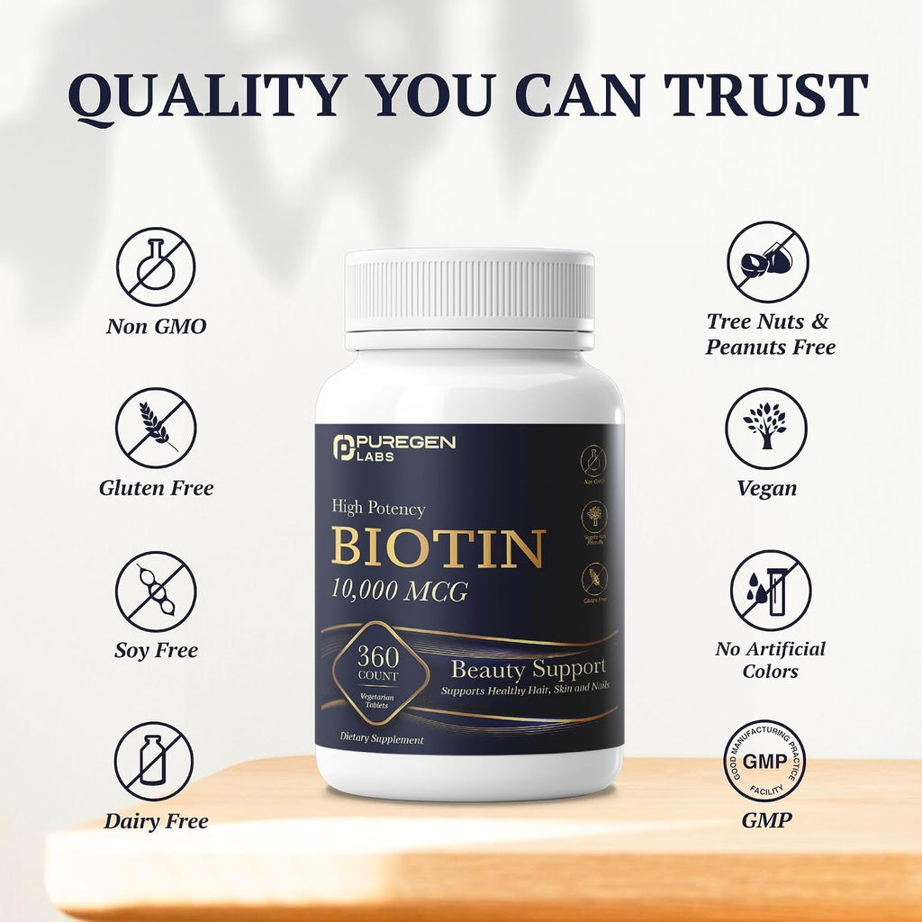 Puregen Labs Biotina 10.000 mcg – 360 Comprimidos Vegetarianos – Apoyo para Cabello, Piel y Uñas
