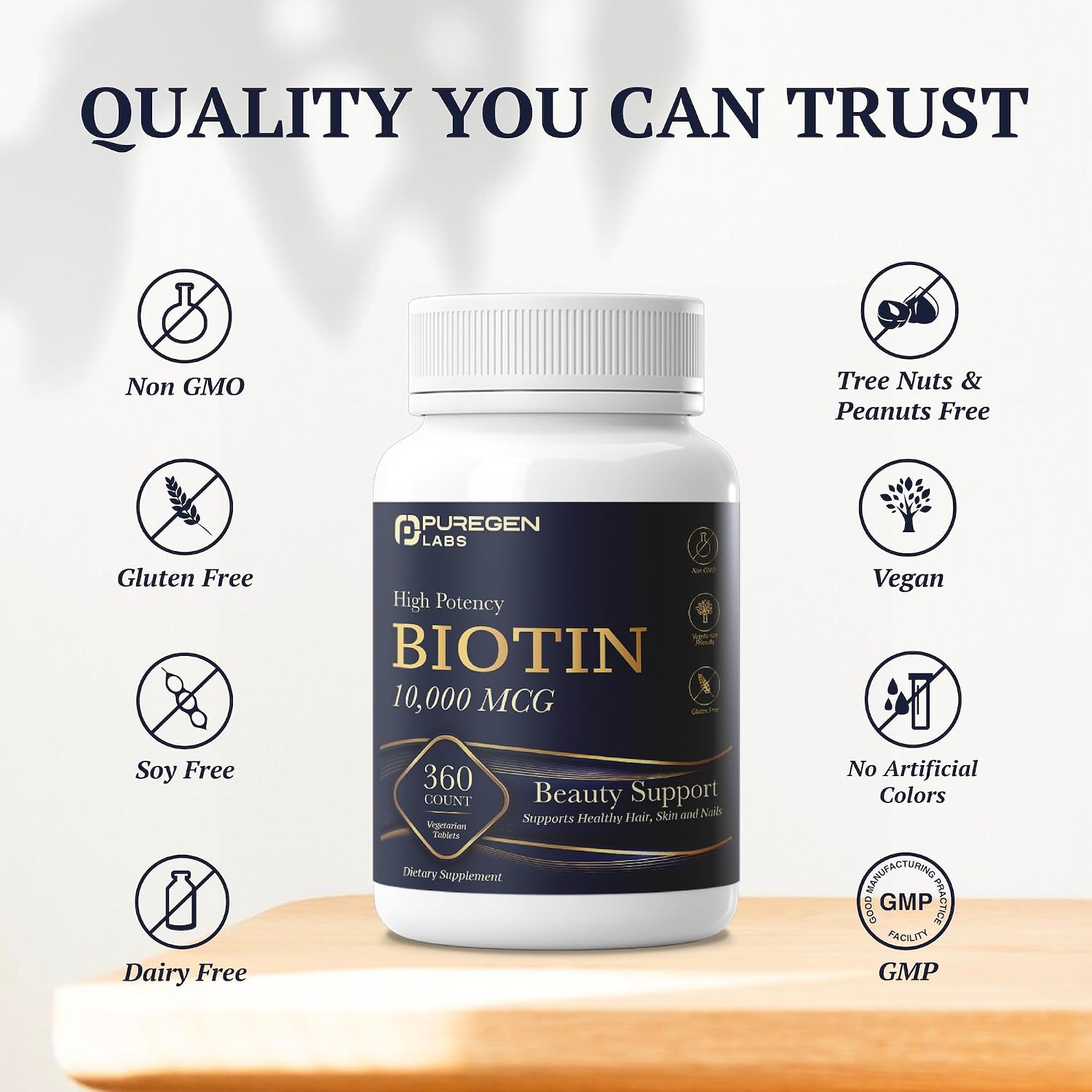 Puregen Labs Biotina 10.000 mcg – 360 Comprimidos Vegetarianos – Apoyo para Cabello, Piel y Uñas