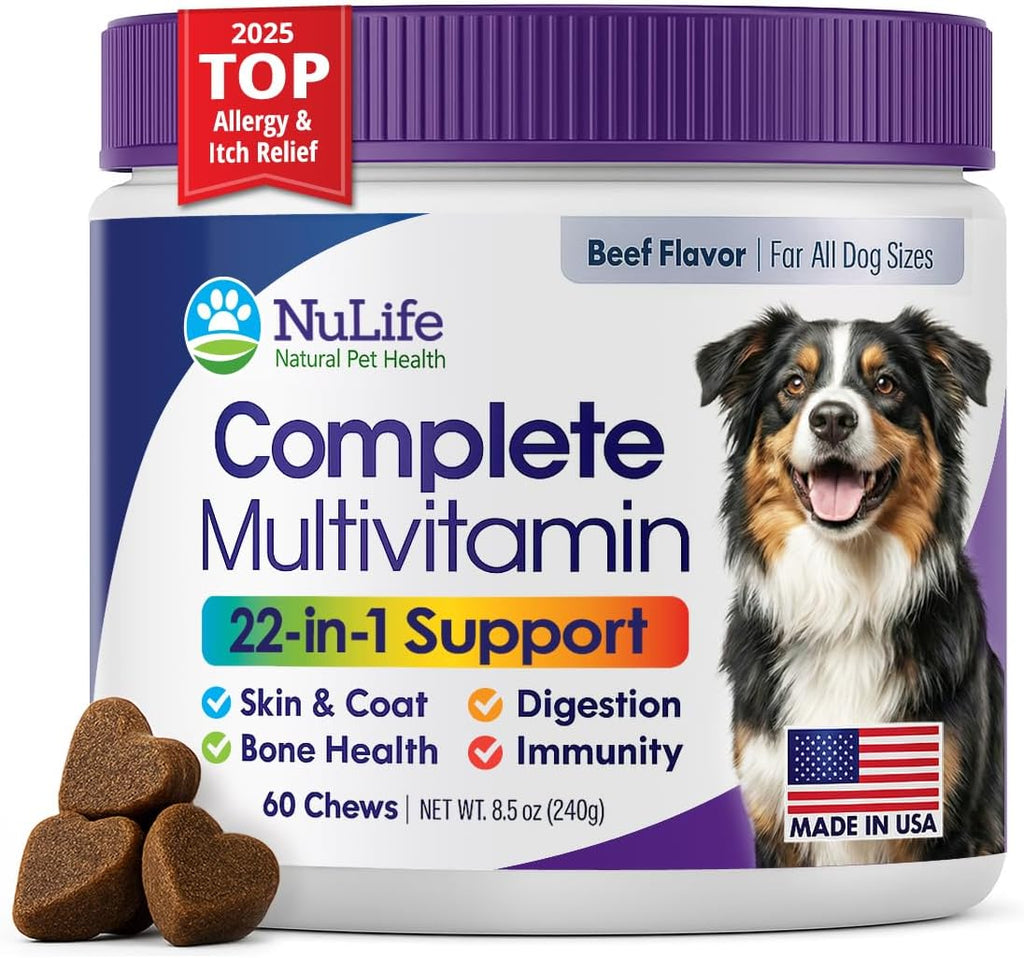 Multivitamínico Masticable para Perros 22 en 1 - Con Mejillón de Labios Verdes y Omega-3 - 60 Masticables Sabor Ternera