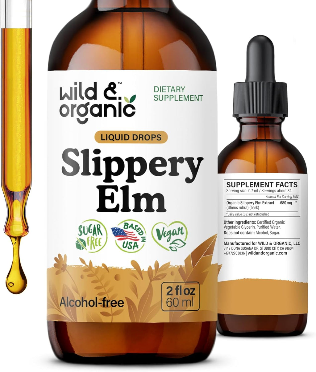 Wild & Organic Gotas de Olmo Resbaladizo - Extracto Líquido de Corteza de Ulmus Rubra - Sin Alcohol, Vegano - 2 fl oz