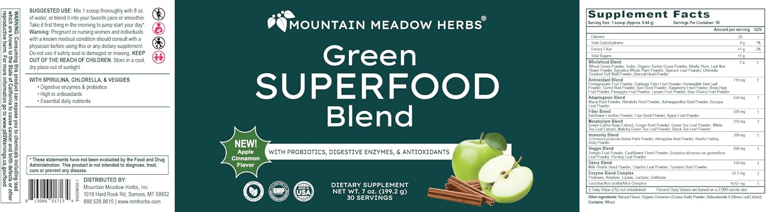 Mountain Meadow Herbs Green Superfood Blend – Mezcla de Superalimentos Verdes con Espirulina, Chlorella, Probióticos y Enzimas Digestivas – 30 porciones