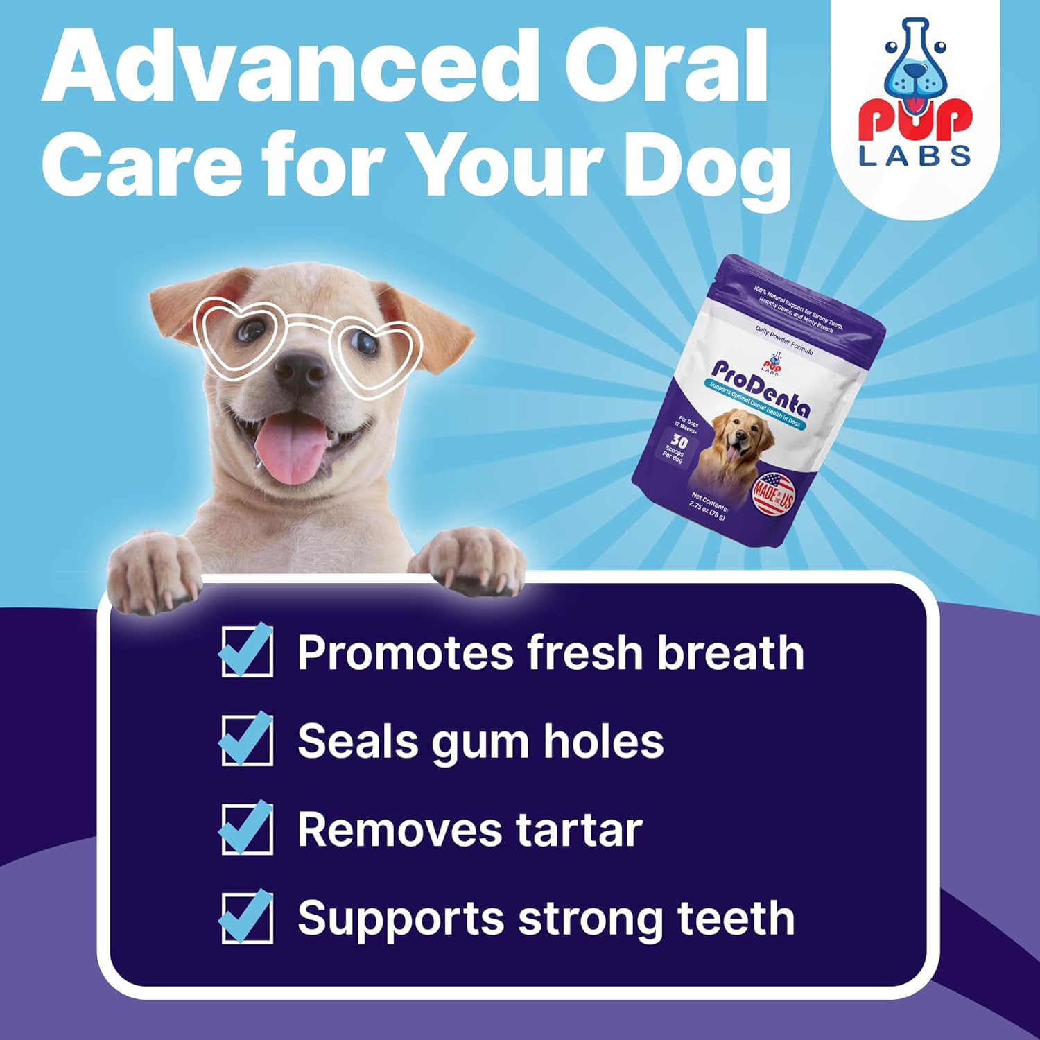 Pup Labs ProDenta - Polvo Natural para Eliminar Sarro y Mal Aliento en Perros, 180 Cucharadas