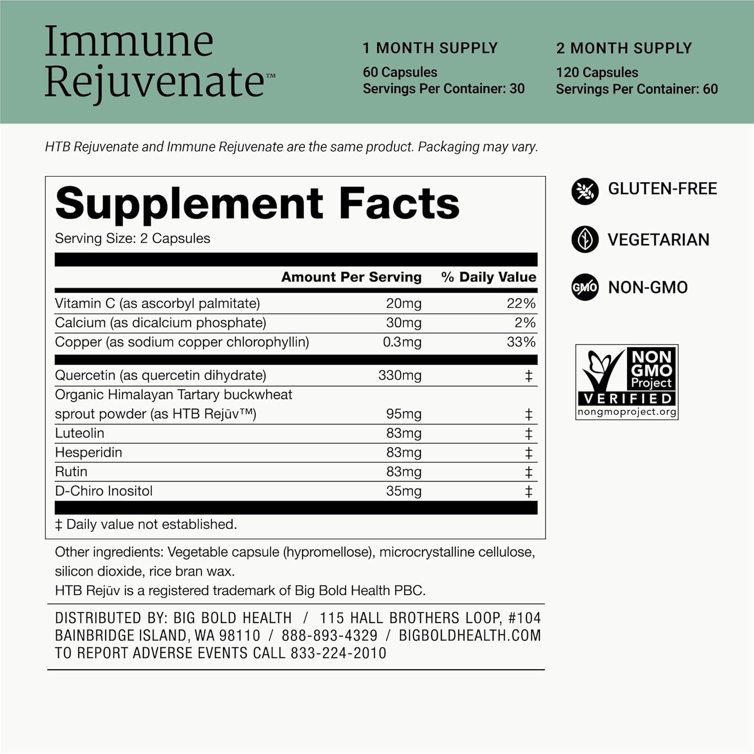 BIG BOLD HEALTH HTB Immune Rejuvenate – Trigo Sarraceno del Himalaya – Suplemento de Polifenoles – Sin Gluten, Sin Lácteos, No Transgénico – 120 Cápsulas Vegetales
