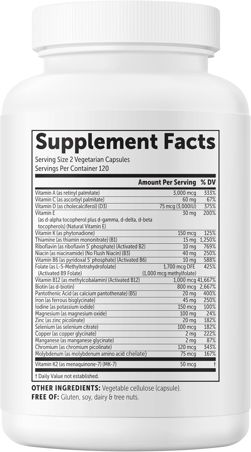 Micro Ingredients Multivitamínico Bariátrico Metilado con 45mg de Hierro para Mujeres y Hombres, 240 Cápsulas Vegetales | 23 Vitaminas Esenciales con D3, K2, Zinc y Más | Sin Rellenos, No Transgénico