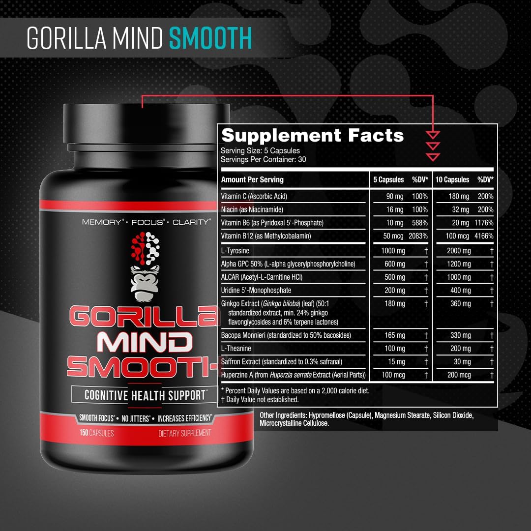 Gorilla Mind Smooth Fórmula Nootrópica Sin Estimulantes - Enfoque, Memoria, Claridad Mental - 150 Cápsulas