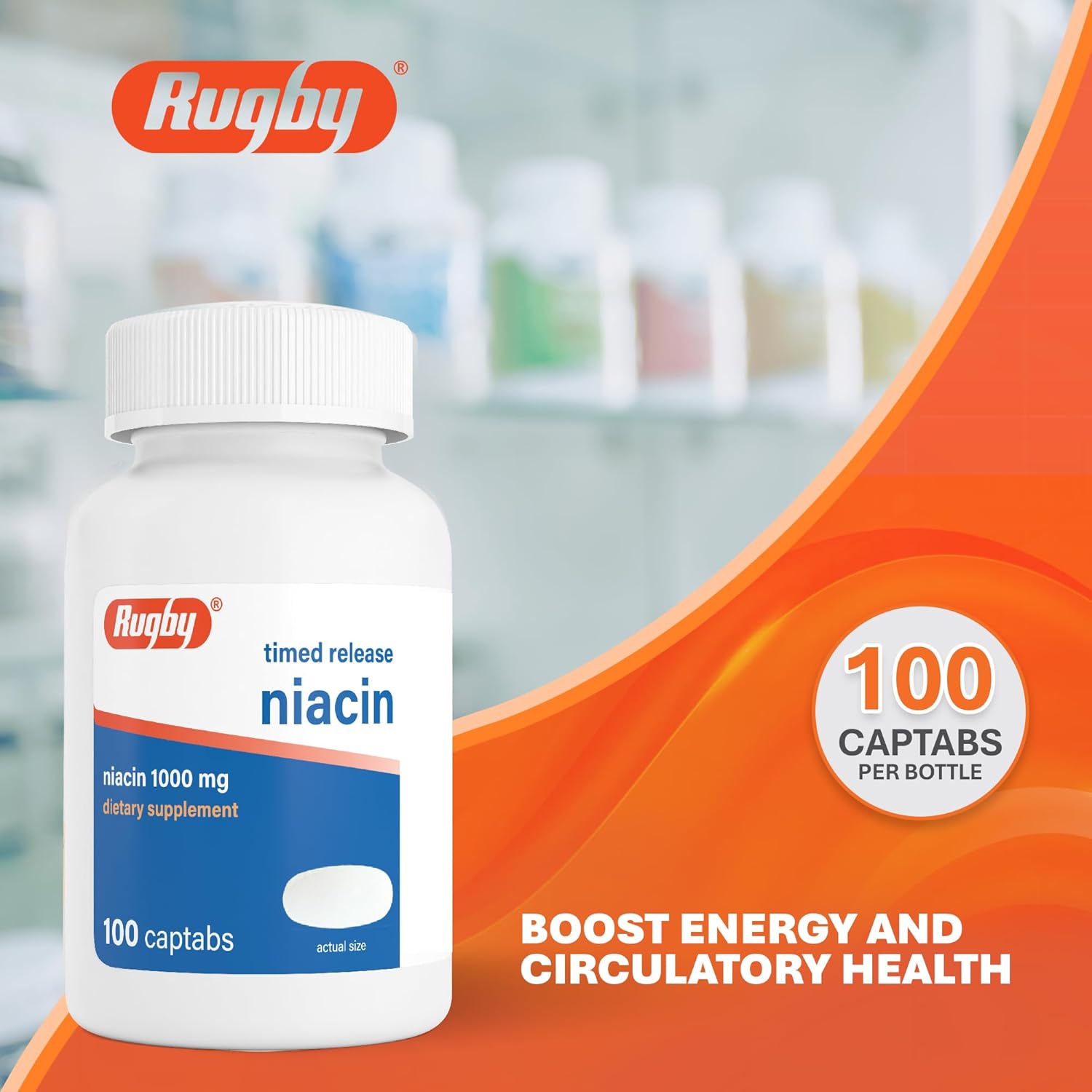 Rugby Timed-Release Niacin 1000mg, 100 Comprimidos