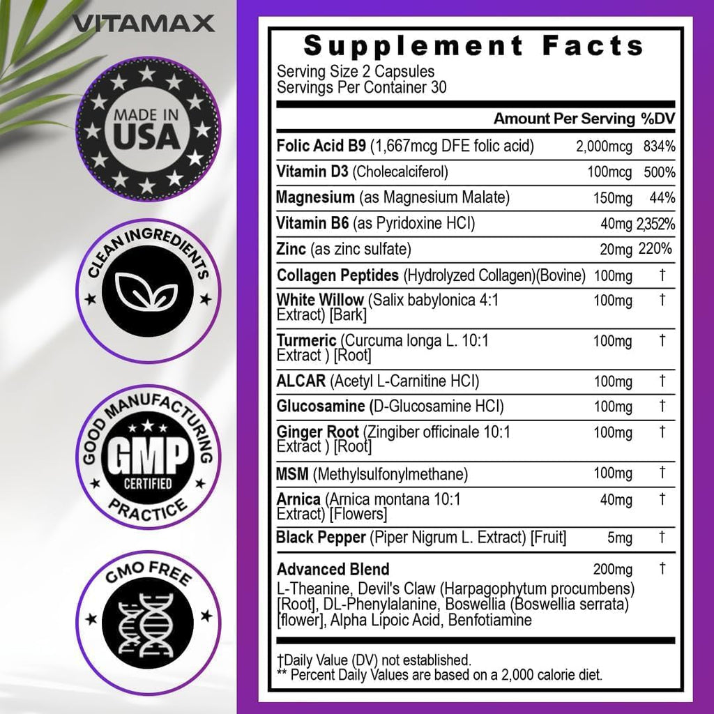 Nerve-Plus - Complemento para el nervio ciático con ácido fólico, guisante, glucosamina, MSM, complejo vitamínico B, ácido alfa lipoico 300 mg – 60 cápsulas