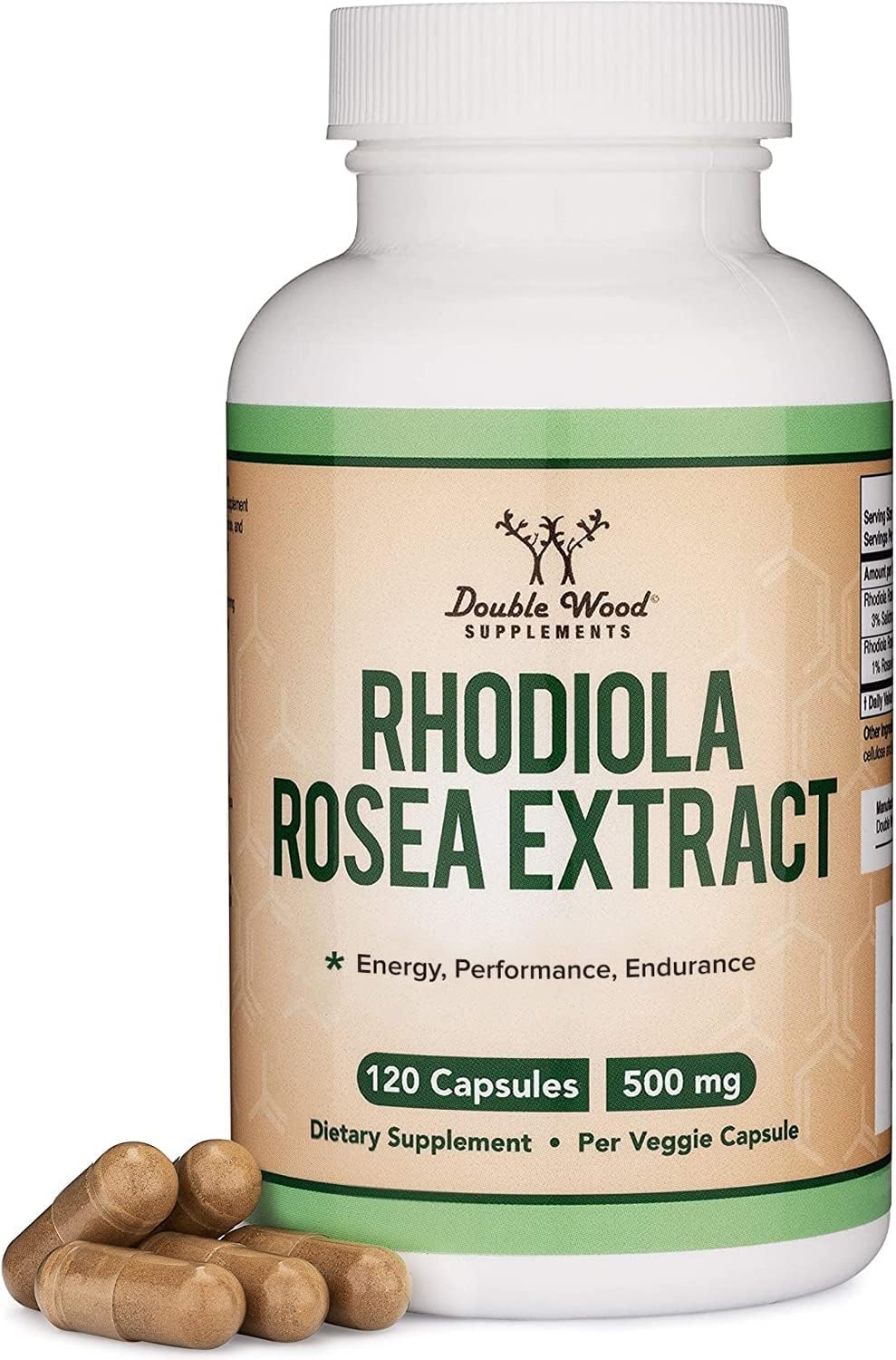 Rhodiola Rosea 500mg, 120 Cápsulas Veganas - Extracto Estandarizado (3% Salidrósidos, 1% Rosavinas) by Double Wood