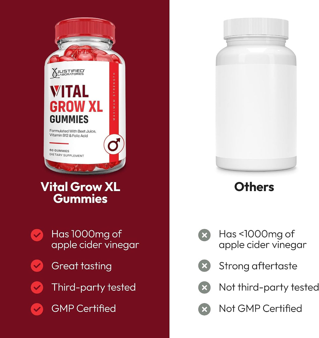 Justified Laboratories Vital Grow XL Gummies - 1000 mg de Vinagre de Manzana con Vitamina B12 y Folato - Pack de 3 (180 Gominolas) - Vegano y Sin Gluten