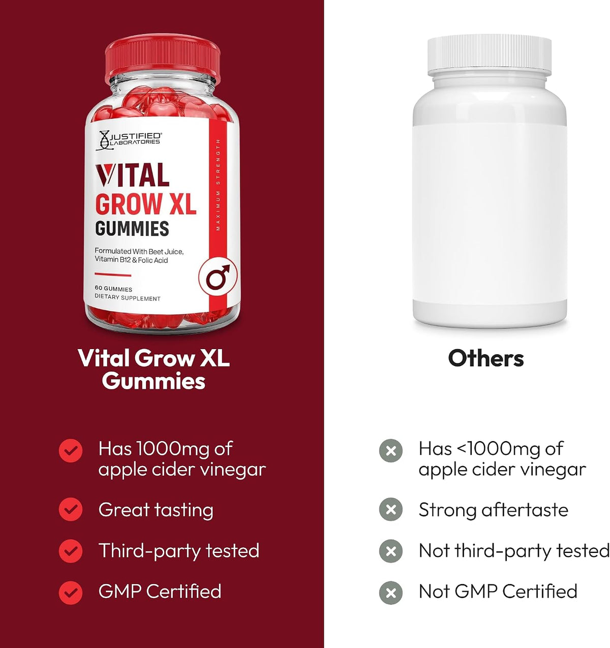 Justified Laboratories Vital Grow XL Gummies - 1000 mg de Vinagre de Manzana con Vitamina B12 y Folato - Pack de 3 (180 – Image 3