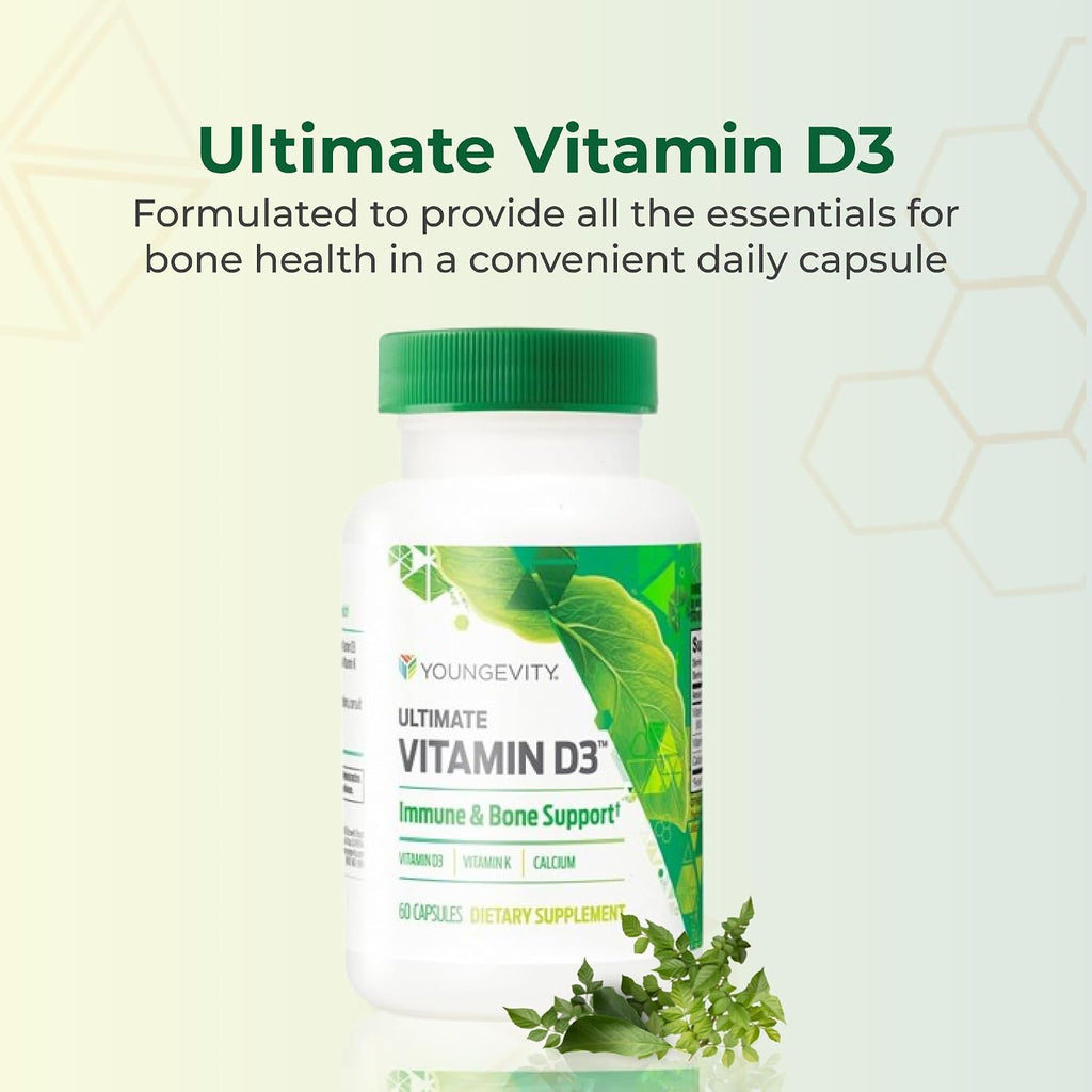 Youngevity Ultimate Vitamina D3 5000 UI con K2 – Suplemento de alta potencia con D3, K2 y Calcio – 60 Cápsulas
