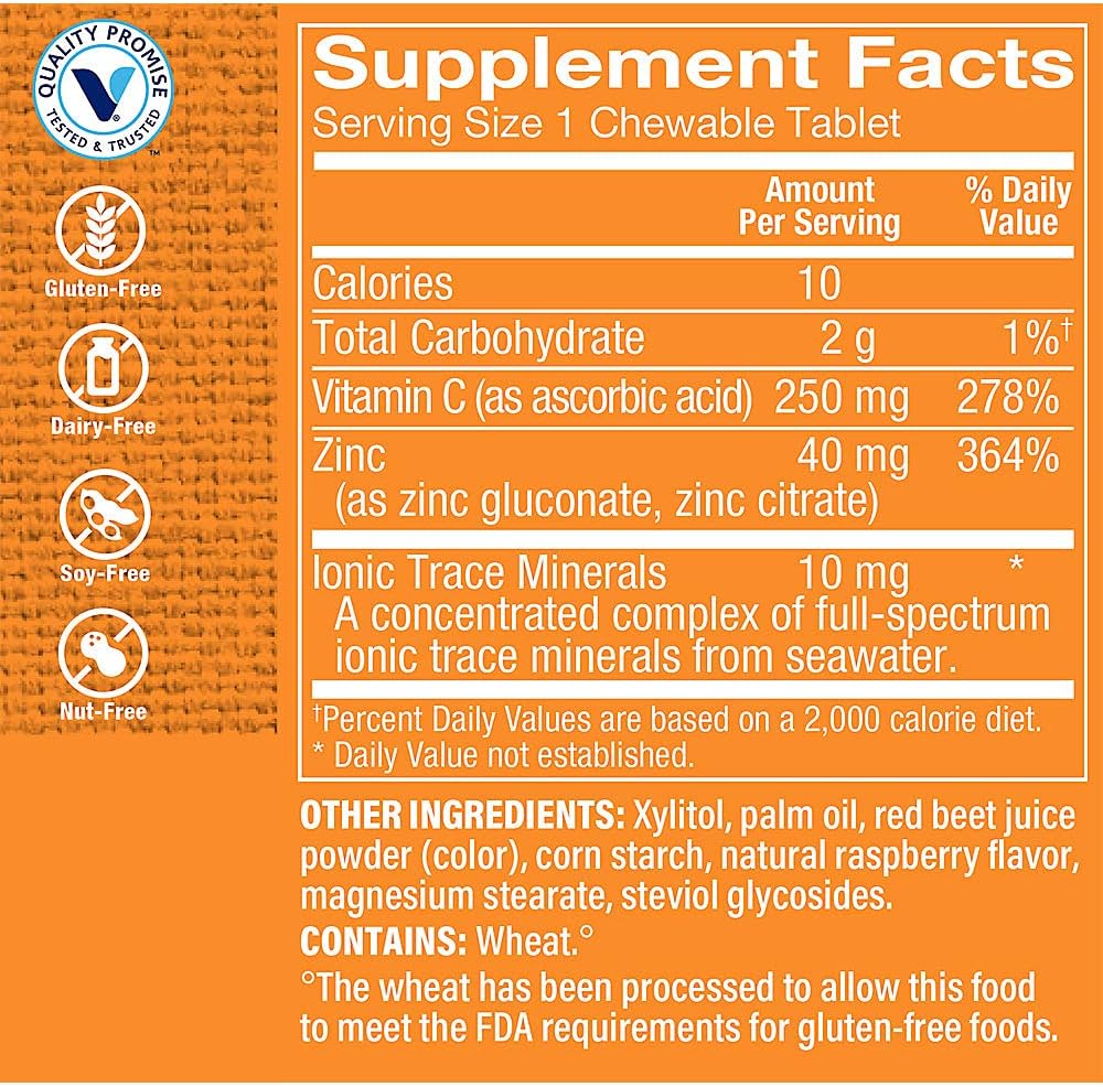 The Vitamin Shoppe Chewable Zinc with Vitamin C - Immune Defense | Raspberry Flavor | 60 Chewables