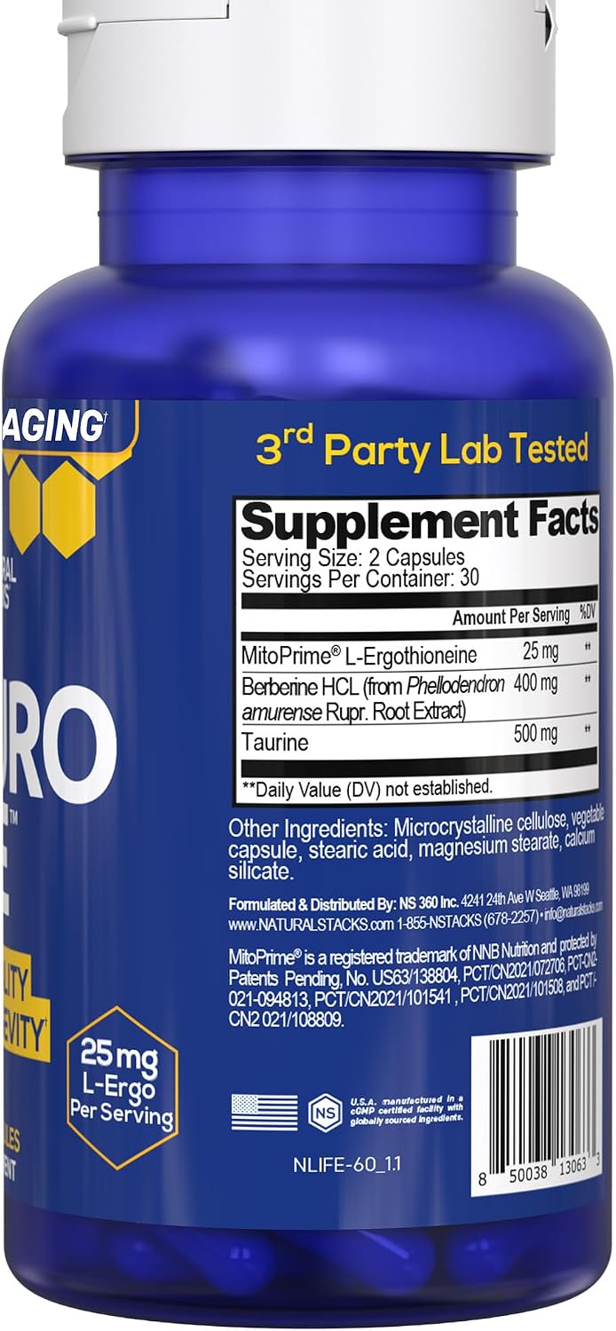 NeuroLife Longevity Supplement - 500mg Taurina & 400mg Berberina - L-Ergotioneína MitoPrime - Apoyo Cerebral para Vitalidad Cognitiva - 60 Cápsulas