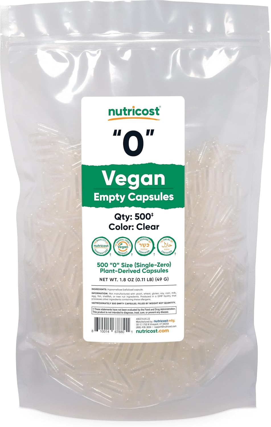 Nutricost Cápsulas Vacías Tamaño 0 Veganas - 500 Cápsulas Transparentes de Origen Vegetal - Certificadas Kosher, Halal, No GMO, Sin Soja, Sin Gluten, Vegetarianas