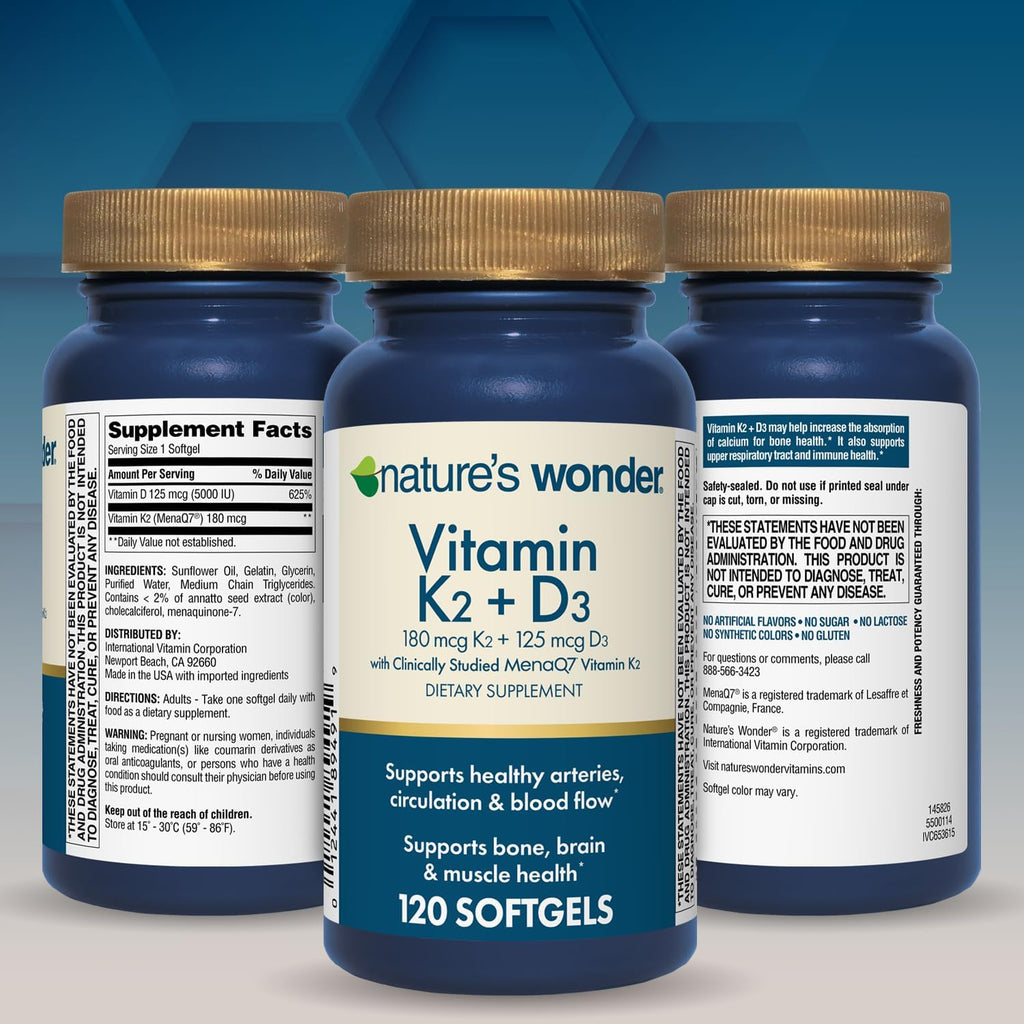 Nature's Wonder Vitamina K2 + D3 con MenaQ7, 120 cápsulas