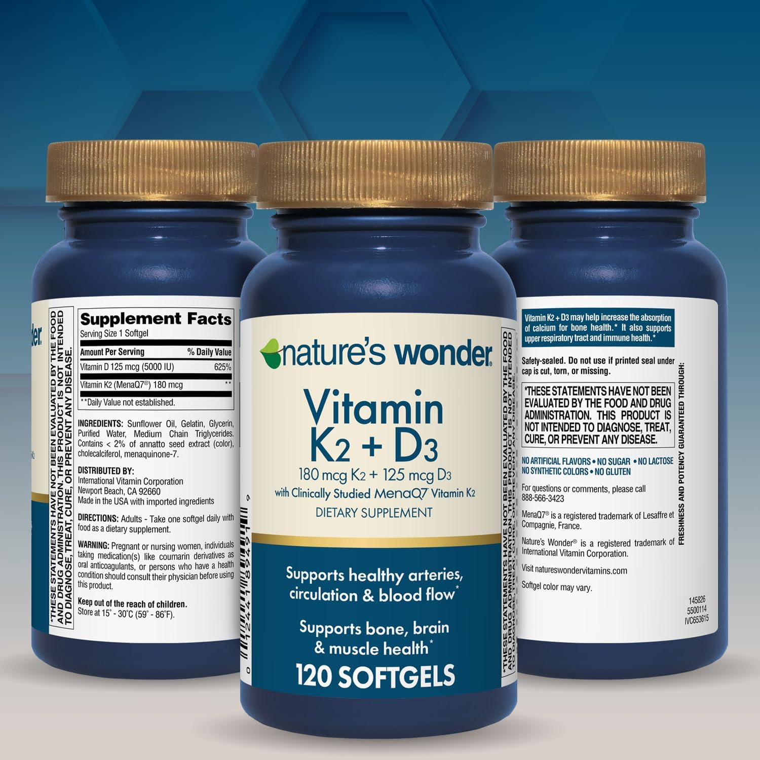 Nature's Wonder Vitamina K2 + D3 con MenaQ7, 120 cápsulas