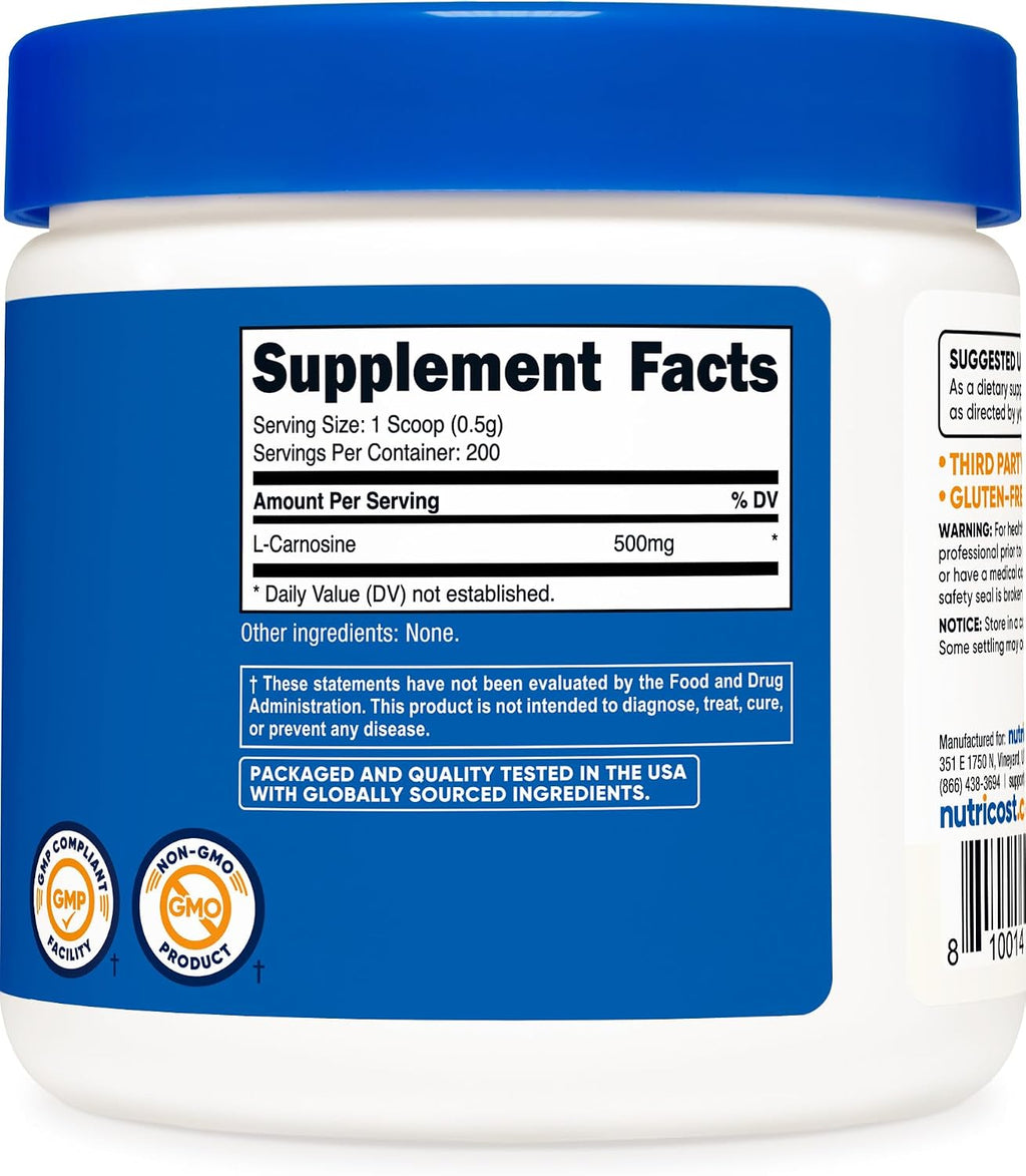 Nutricost L-Carnosine en Polvo 100 Gramos (200 Porciones) - No-GMO