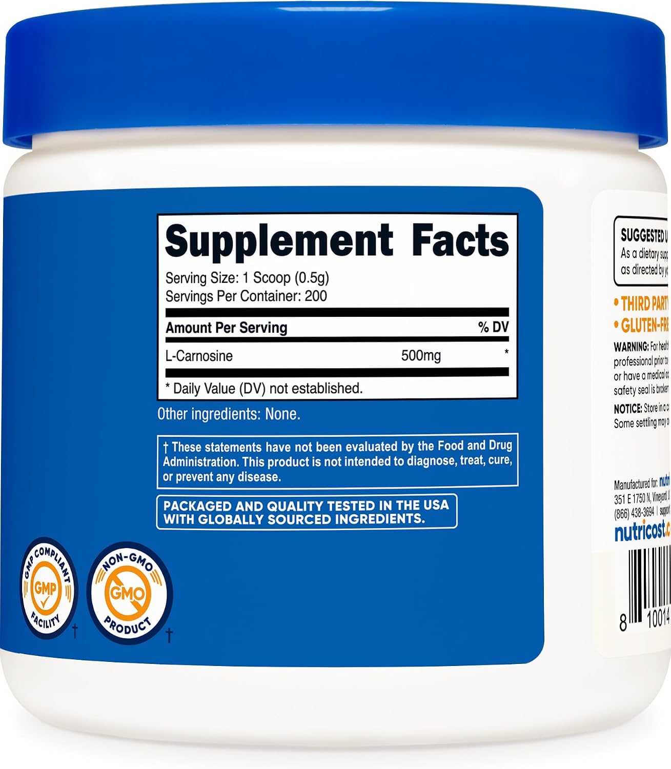 Nutricost L-Carnosine en Polvo 100 Gramos (200 Porciones) - No-GMO