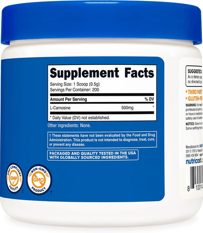 Nutricost L-Carnosine en Polvo 100 Gramos (200 Porciones) - No-GMO – Image 5