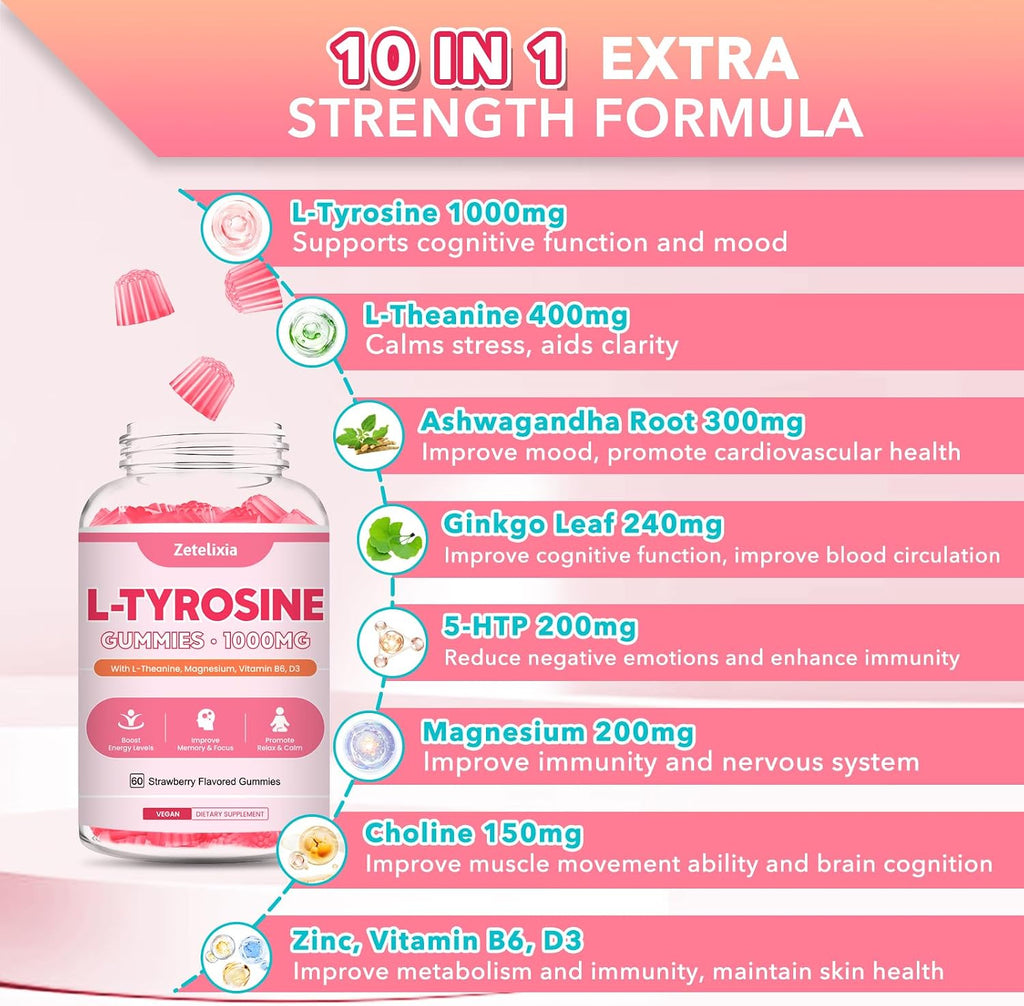 Zetelixia Gominolas de L-Tirosina 10-en-1 con Vitaminas B6 y D3 - 60 Unidades - Sabor Fresa
