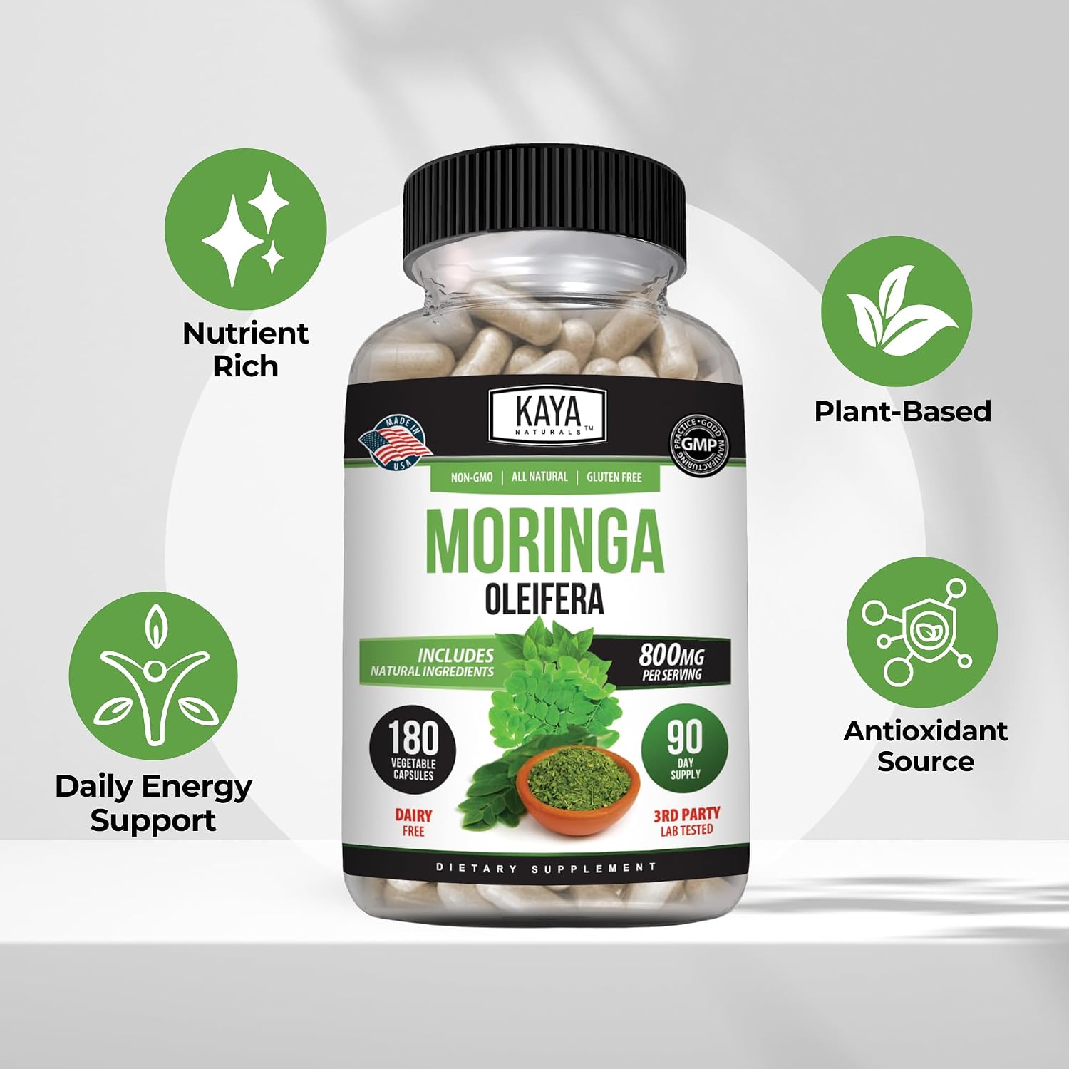Kaya Naturals Extracto de Hoja de Moringa - Superfood Verde Completo - 180 Cápsulas Vegetales