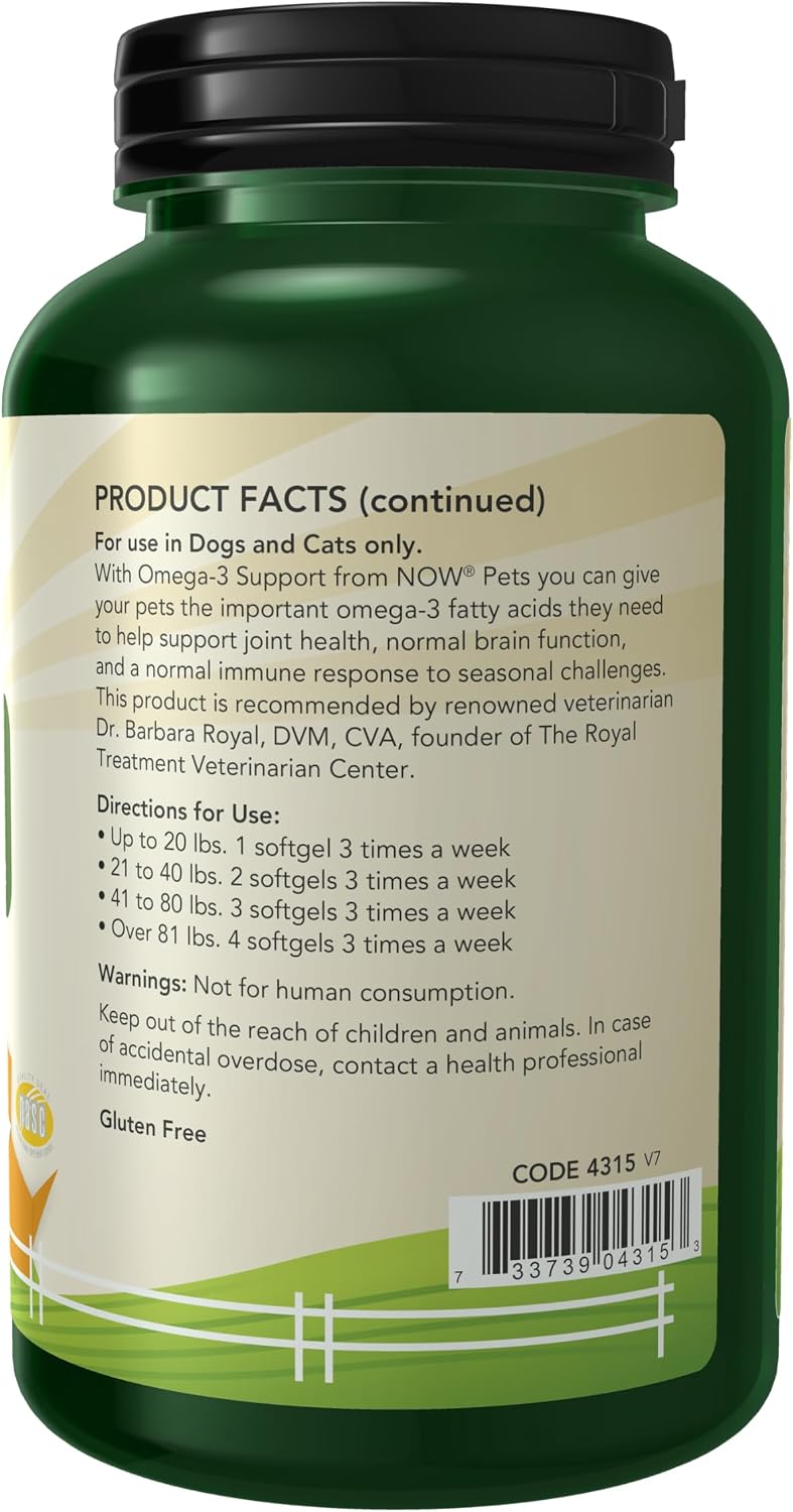 NOW Pet Health, Omega 3 for Dogs and Cats, 180 Capsules