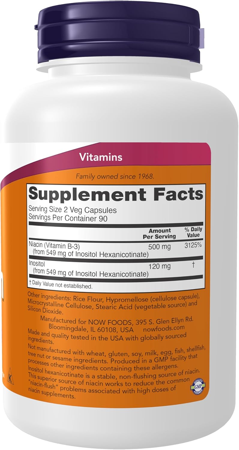 NOW Foods Niacina (Vitamina B-3) 250 mg, Sin Enrojecimiento, 180 Cápsulas Vegetales