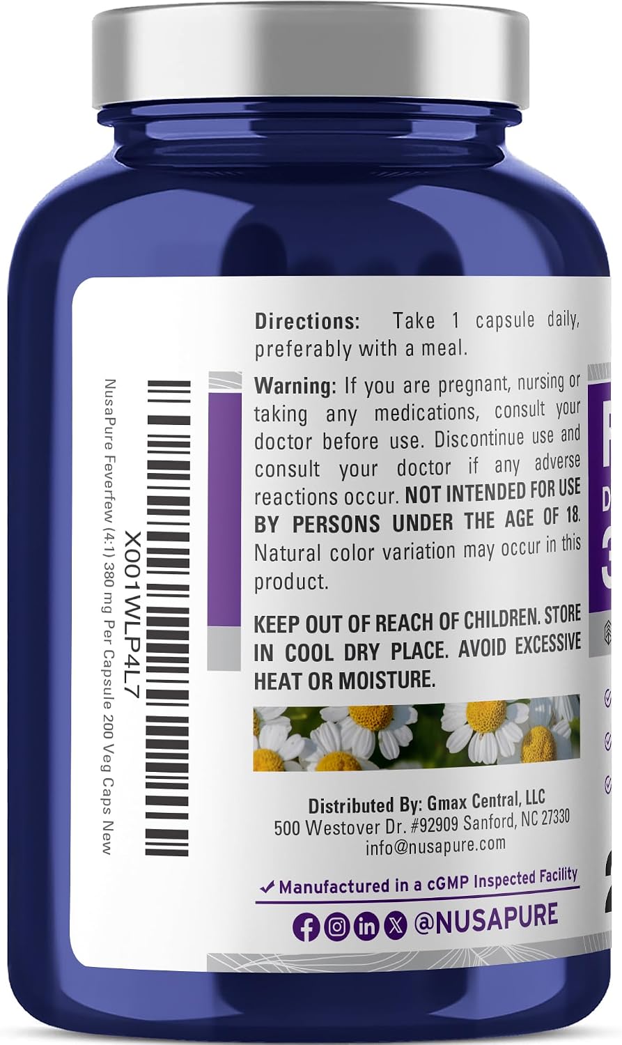 NusaPure Feverfew Cápsulas, 380 mg, 200 Cápsulas Vegetales (No-GMO, Sin Gluten)