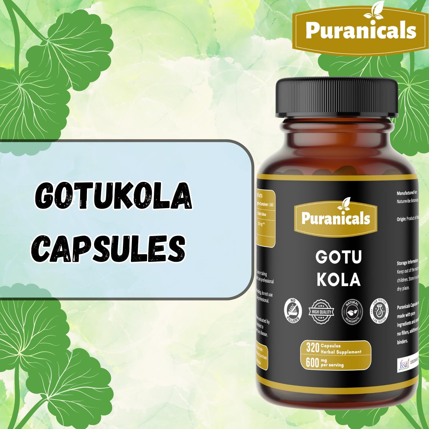 Gotu Kola Premium 320 Cápsulas No OGM y Sin Gluten | Suplemento Herbario | 600 mg Por Ración | Hecho con Polvo de Gotu Kola 100% Puro