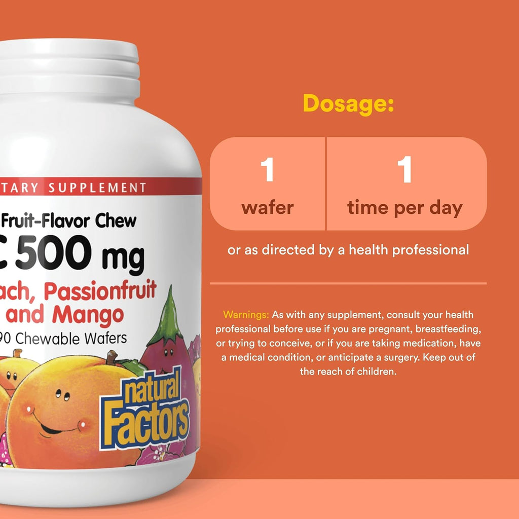 Natural Factors, Vitamina C Masticable para Niños 500 mg, con Bioflavonoides, Sabor Melocotón, Maracuyá y Mango, 90 Comprimidos