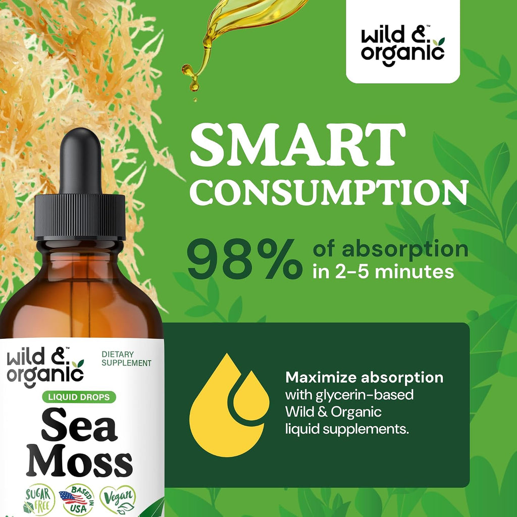 Wild & Organic Sea Moss Drops - Tintura multimineral de musgo irlandés y fucus - Vegano, sin alcohol ni azúcar - 118 ml