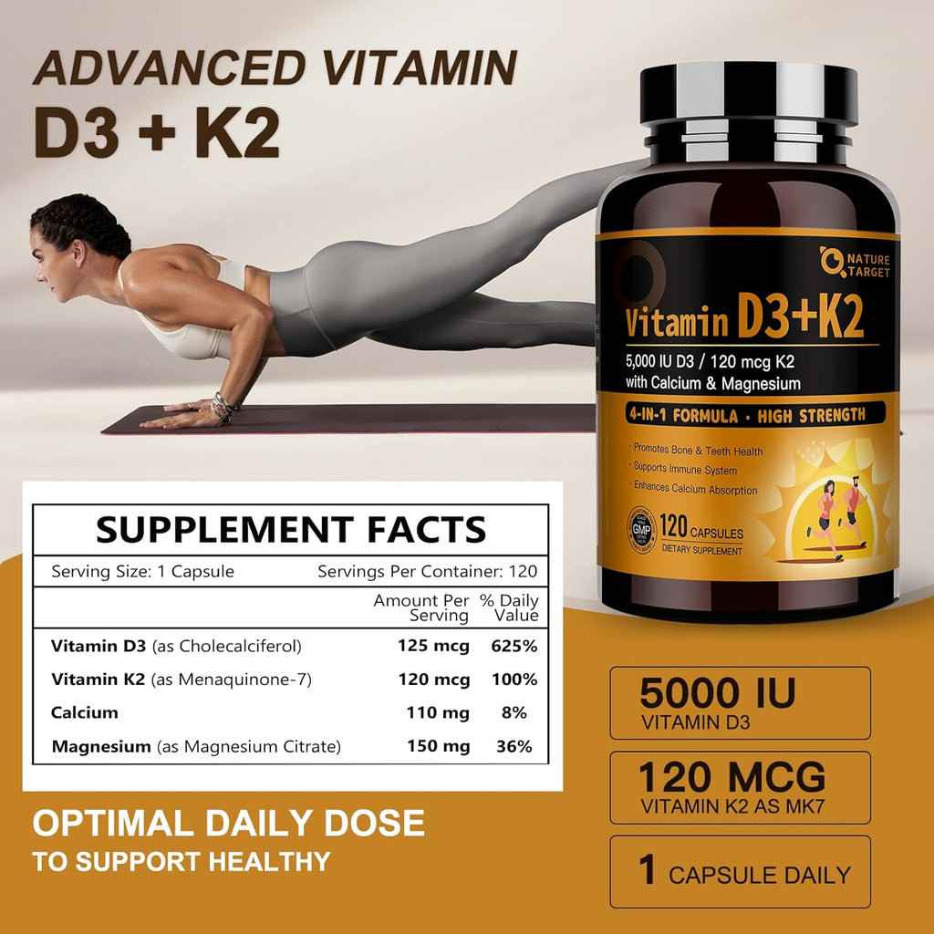 NATURE TARGET Vitamina D3 K2 con Calcio y Magnesio, 5000 UI D3 + 120 mcg K2, 120 comprimidos
