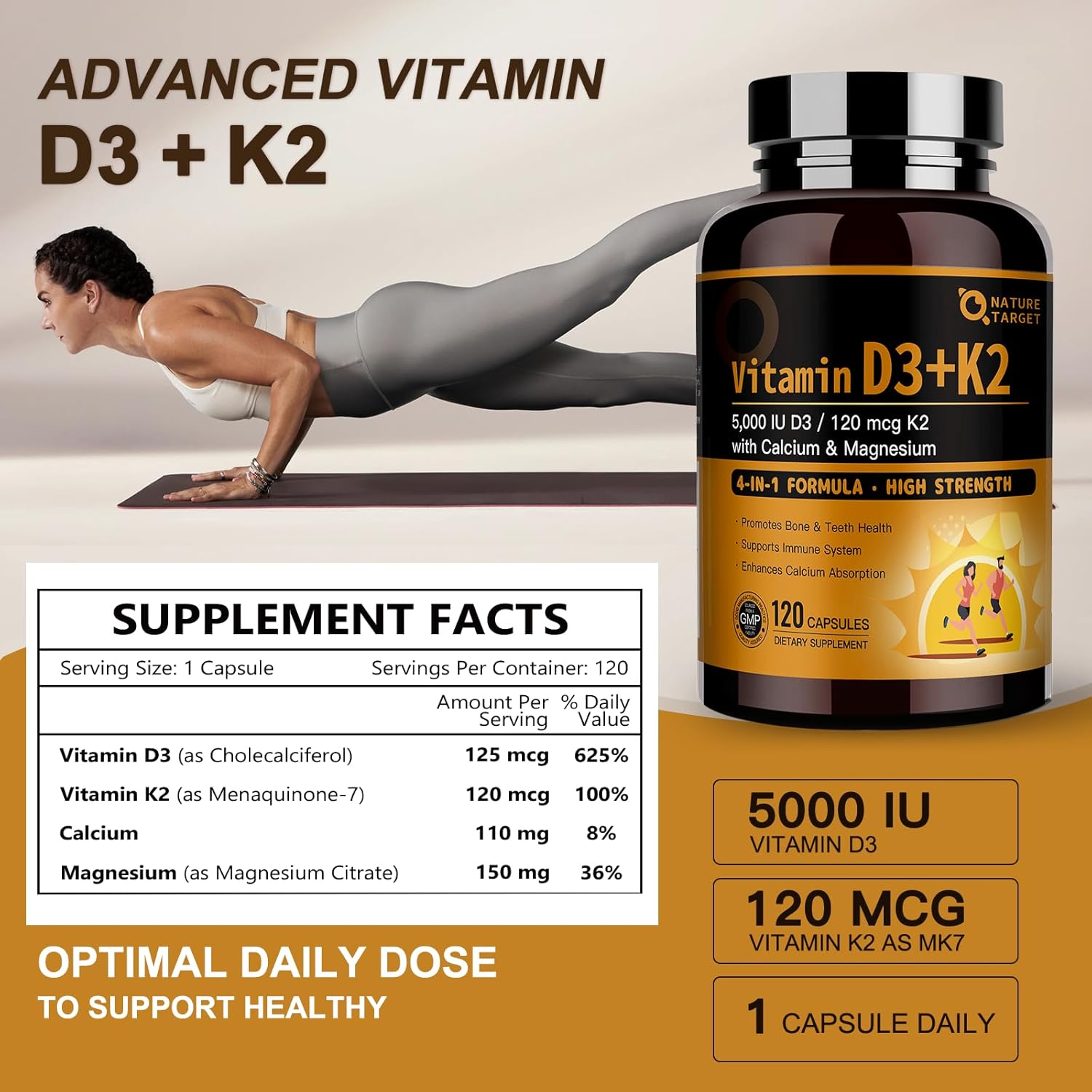 NATURE TARGET Vitamina D3 K2 con Calcio y Magnesio, 5000 UI D3 + 120 mcg K2, 120 comprimidos
