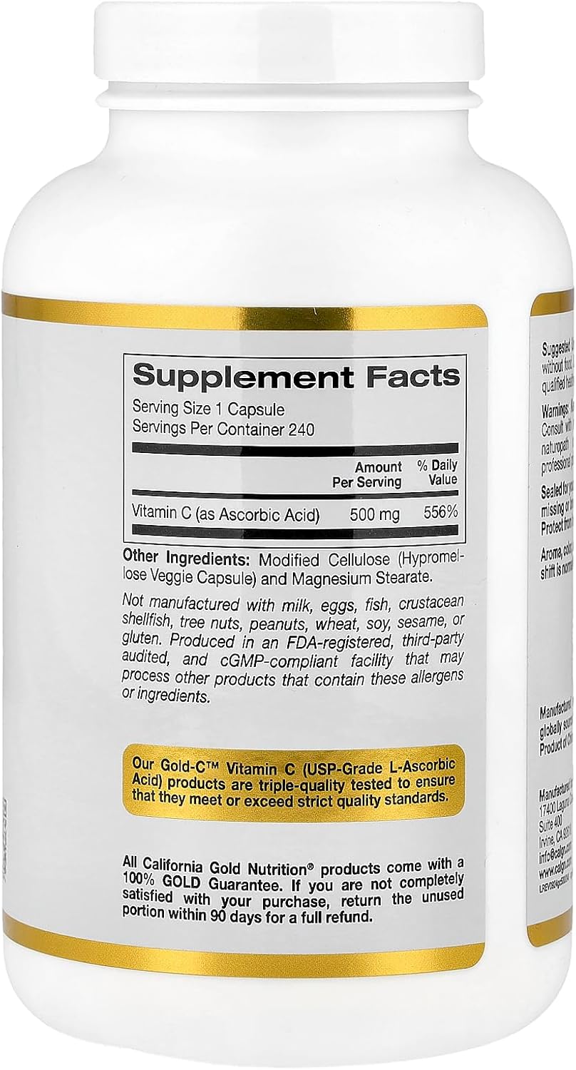California Gold Nutrition Vitamina C, Quali-C, 500 mg, 240 Cápsulas Vegetales