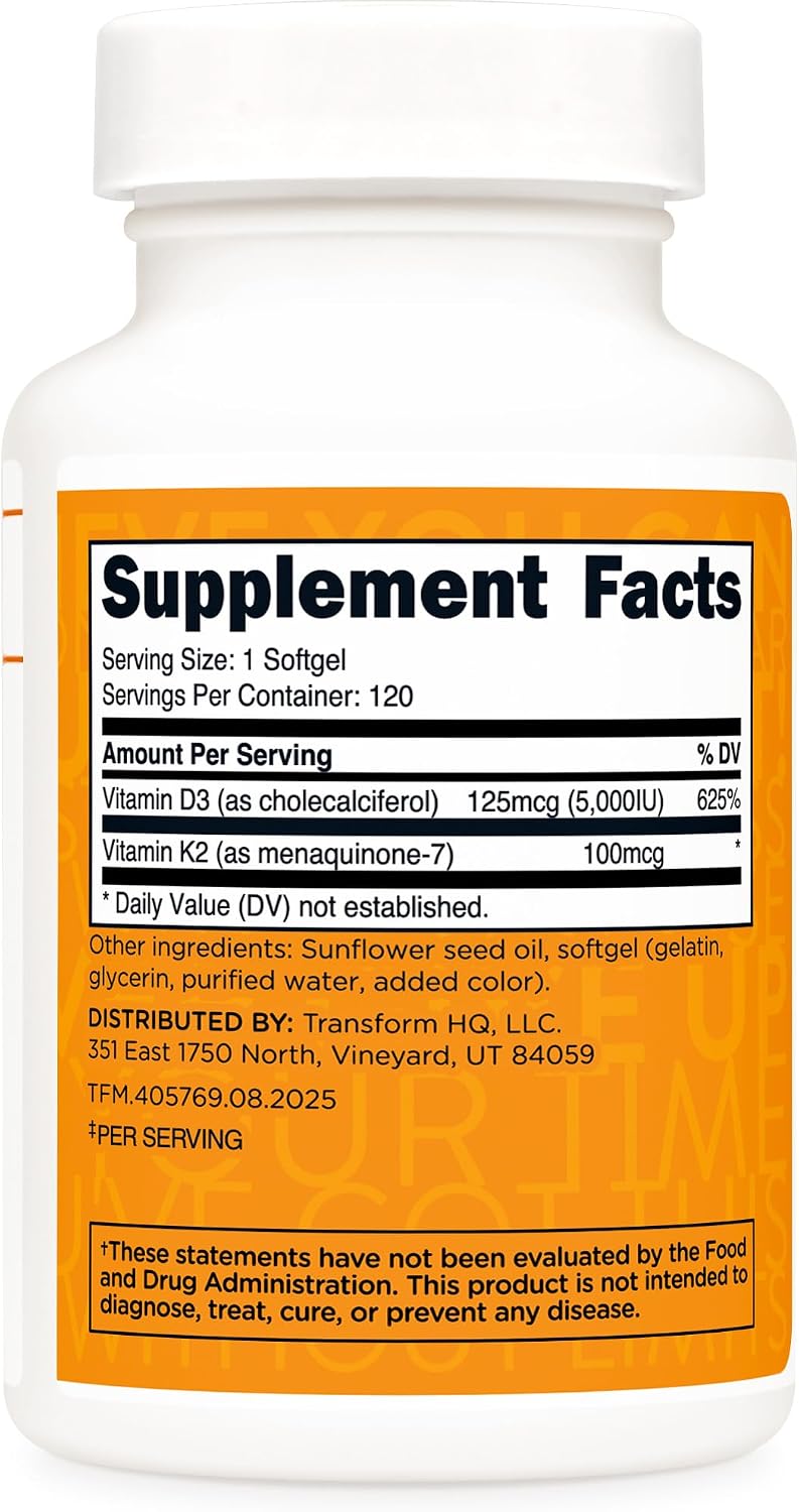 TransformHQ Vitamina K2 (MK7) 100 mcg + Vitamina D3 5000 UI, 120 Cápsulas Blandas - Sin Gluten y No GMO