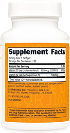 TransformHQ Vitamina K2 (MK-7) 100 mcg + Vitamina D3 5000 UI, 120 Cápsulas blandas - Sin gluten y no transgénico