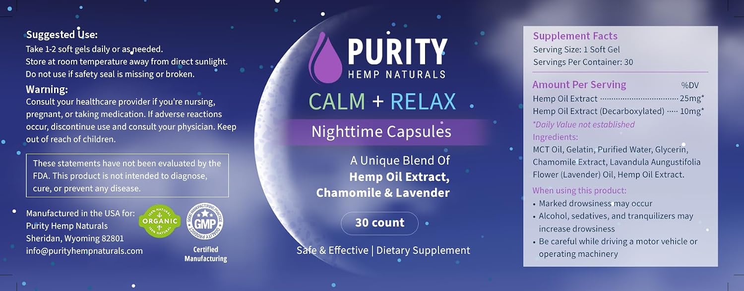 Purity Hemp Naturals - Calm + Relax Nighttime Cápsulas para Dormir