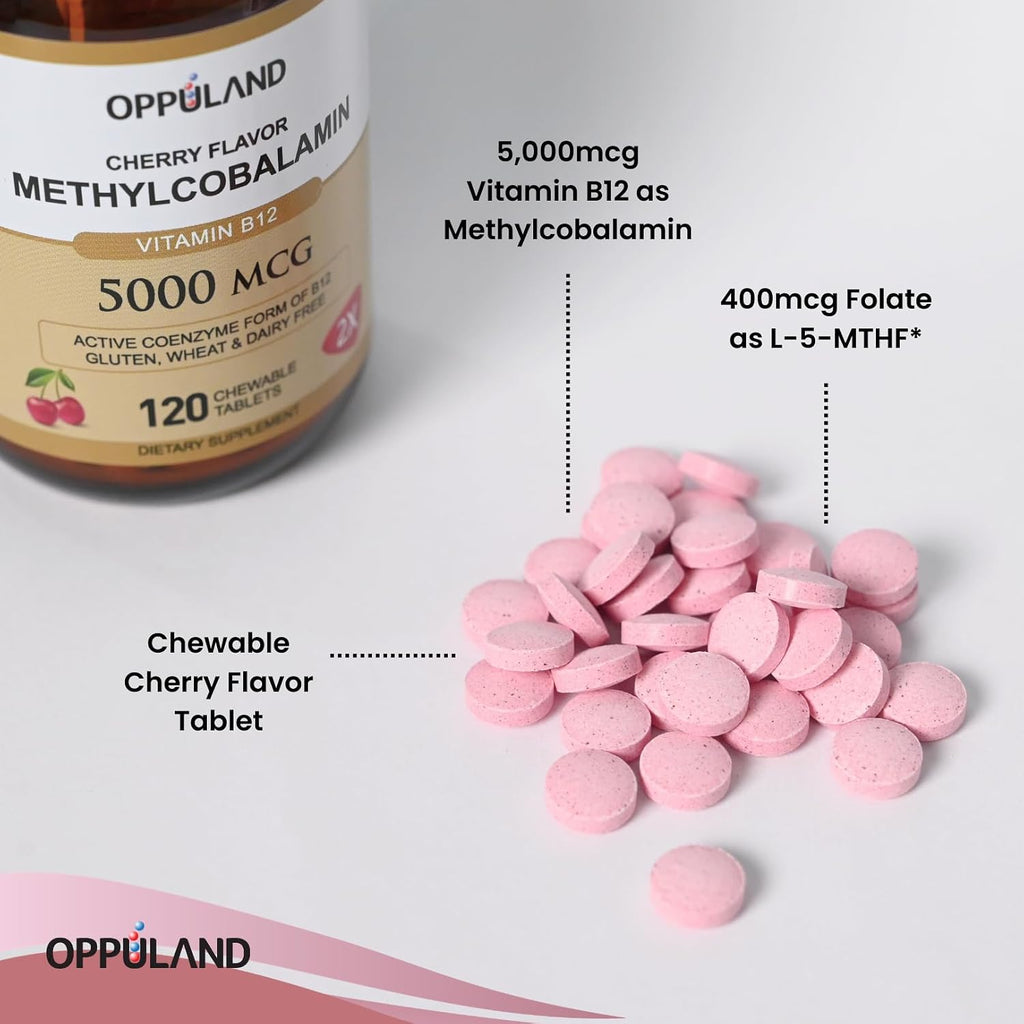 Oppuland Metilcobalamina B12 5000 mcg con Folato - Comprimidos Masticables Sabor Cereza - 120 Unidades